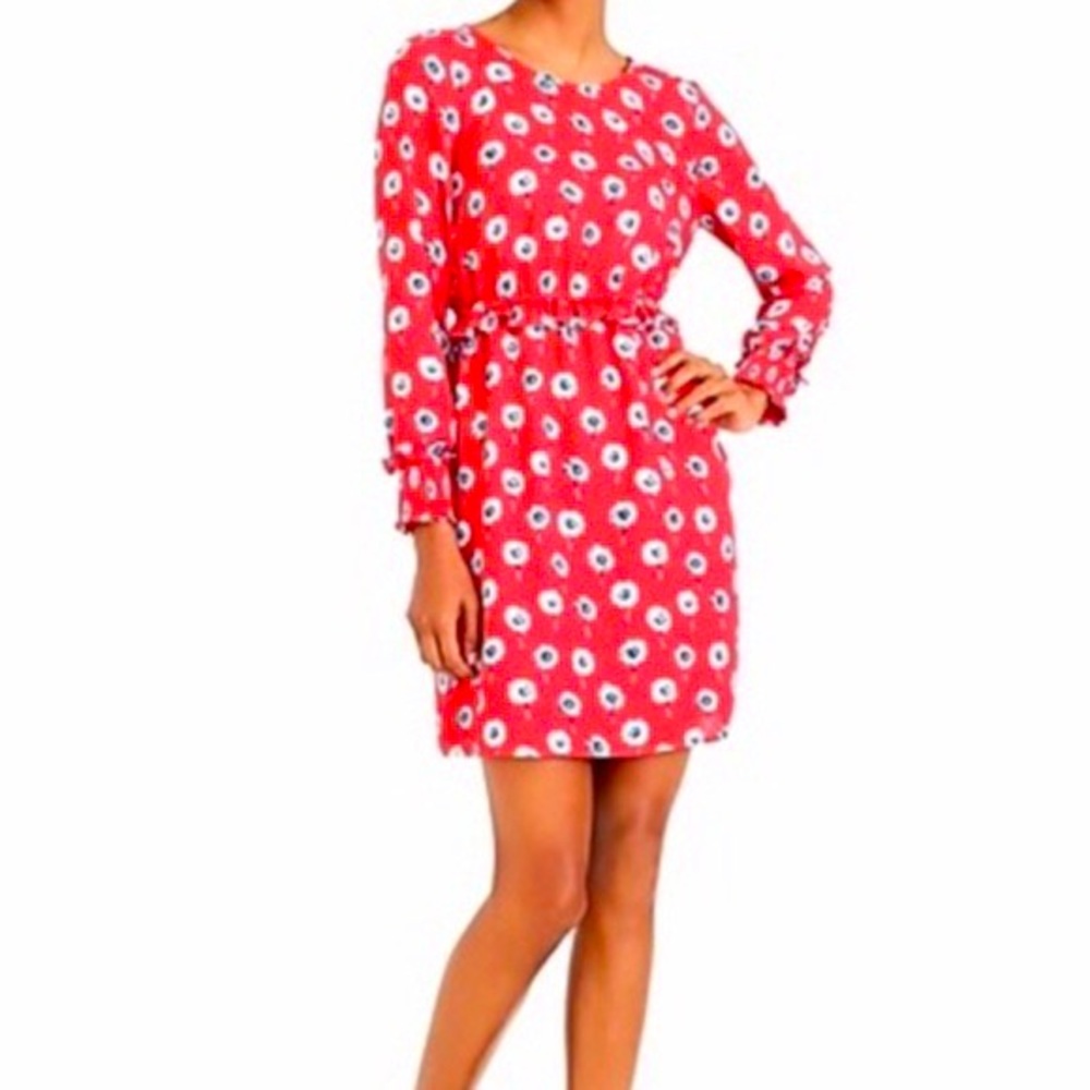 J. Crew Red Dandelion Floral Long Sleeve Ruffle Dress